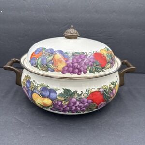 Vintage Cornucopia Dutch Oven Enamel Fruit Covered Lid Pot Brass Casserole